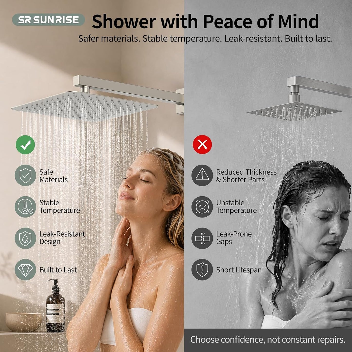 12 Inches Bathroom Luxury Rain Mixer Shower Combo Set Wall Mounted Rainfall Shower Head System Brushed Nickel Finish Shower Faucet Rough-In
