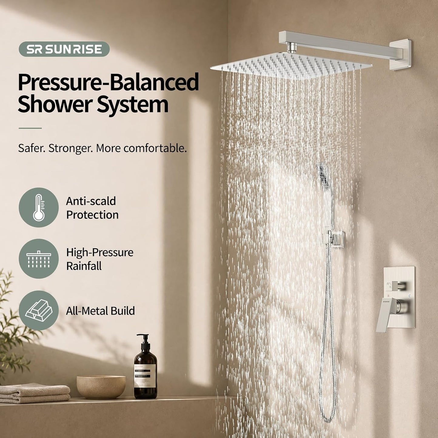 12 Inches Bathroom Luxury Rain Mixer Shower Combo Set Wall Mounted Rainfall Shower Head System Brushed Nickel Finish Shower Faucet Rough-In