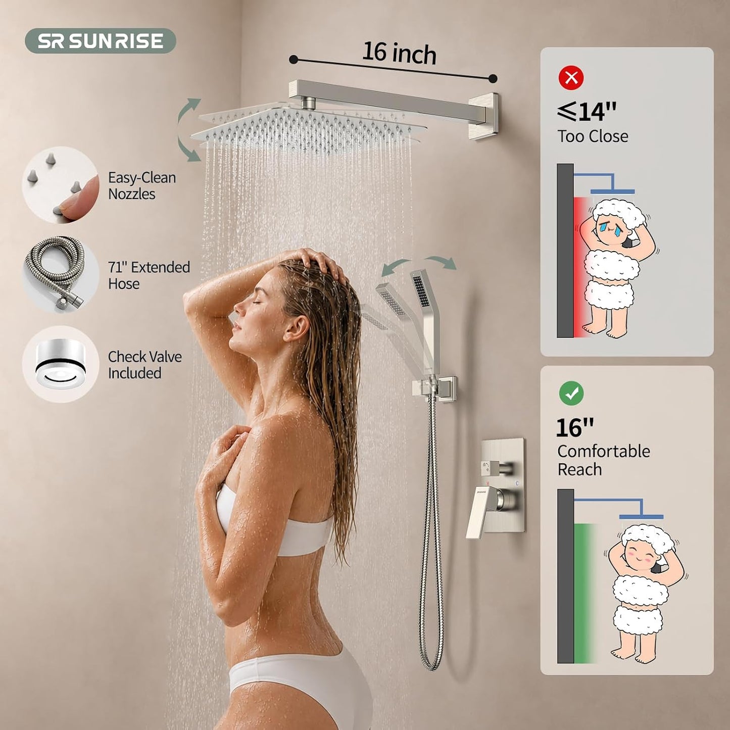 12 Inches Bathroom Luxury Rain Mixer Shower Combo Set Wall Mounted Rainfall Shower Head System Brushed Nickel Finish Shower Faucet Rough-In