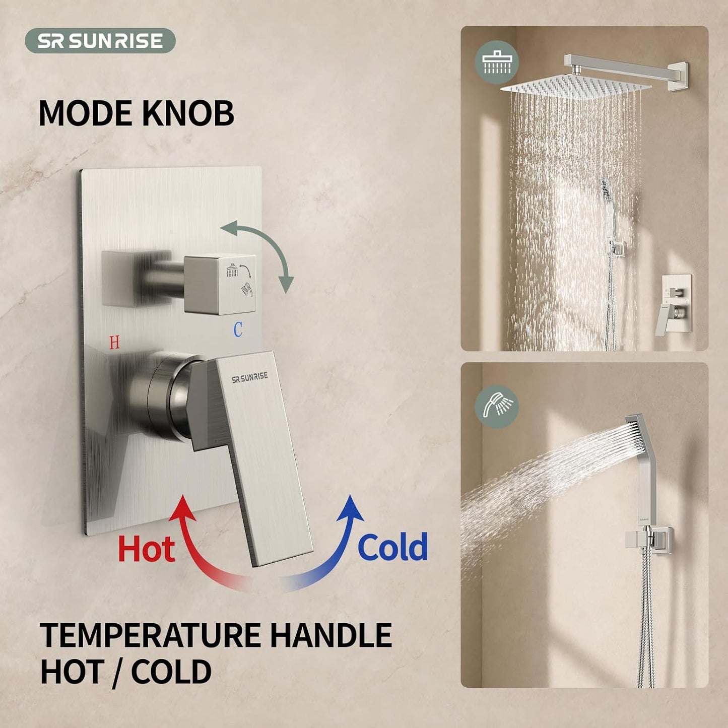 12 Inches Bathroom Luxury Rain Mixer Shower Combo Set Wall Mounted Rainfall Shower Head System Brushed Nickel Finish Shower Faucet Rough-In