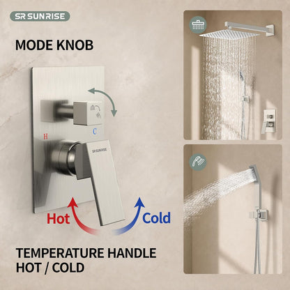 12 Inches Bathroom Luxury Rain Mixer Shower Combo Set Wall Mounted Rainfall Shower Head System Brushed Nickel Finish Shower Faucet Rough-In